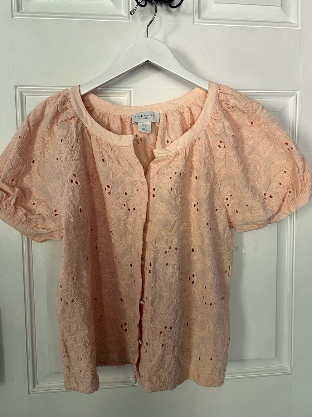 Calypso St. Barth Light Peach Eyelet Button Front Blouse
